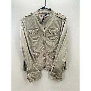 Live a Little Womens Denim Jean Jacket Sz M Button Down Pockets Coat Beige